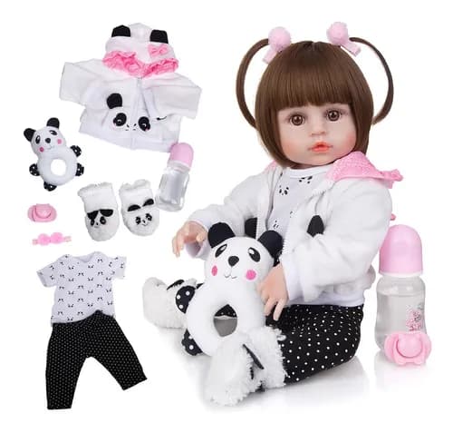 Brastoy Boneca Bebê Reborn Silicone Menina Pandinha Olhos Castanhos